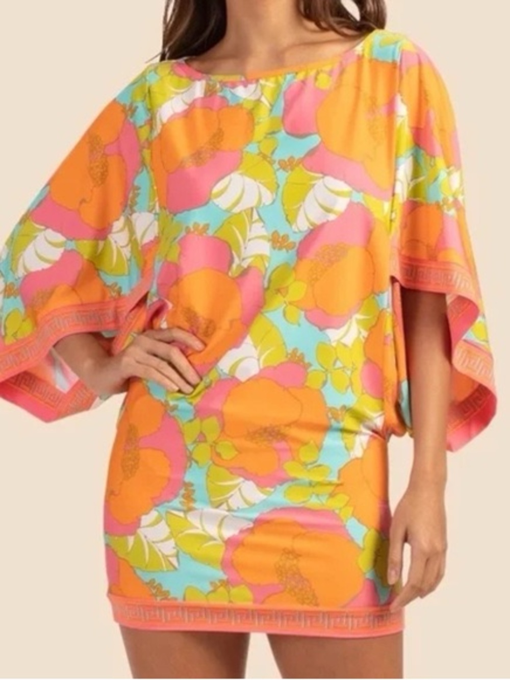 Trina Turk Playa De Flor Orange, Pink & Aqua Floral Tunic Dress or swim coverup